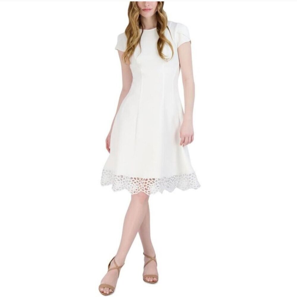 Donna Ricco Womens White Lace Trim Cap Sleeve Midi Dress
